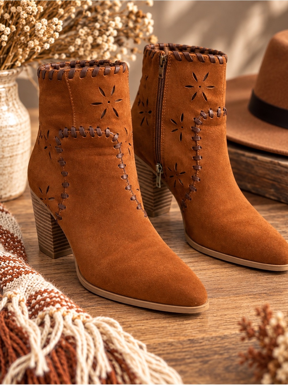 Arider Western Cognac Ankle Boots 8.5 Boho Cutout Whipstitch